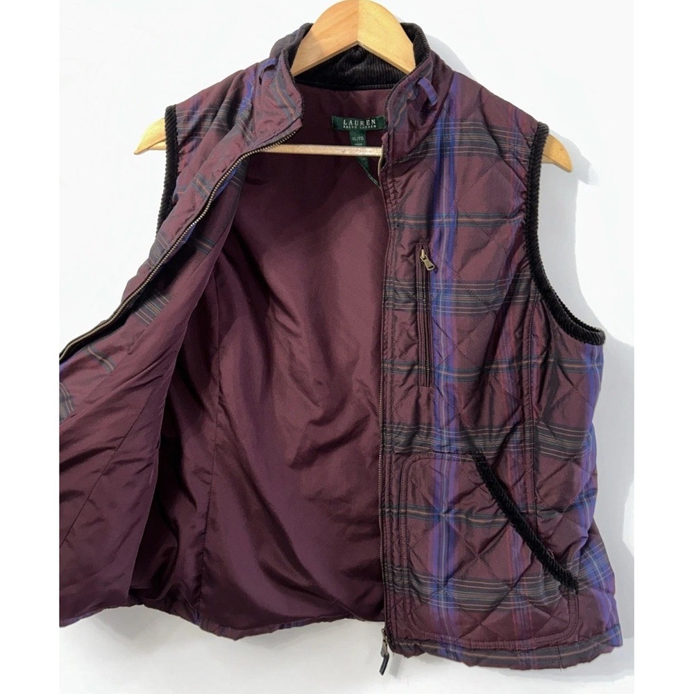 Women's Ralph Lauren LRL Quilted Vest Burgundy Plaid Corduroy Trims Sz XL